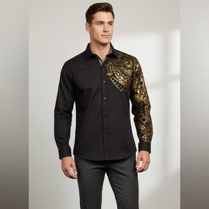 Black and Gold Patterned Long Sleeve Shirt